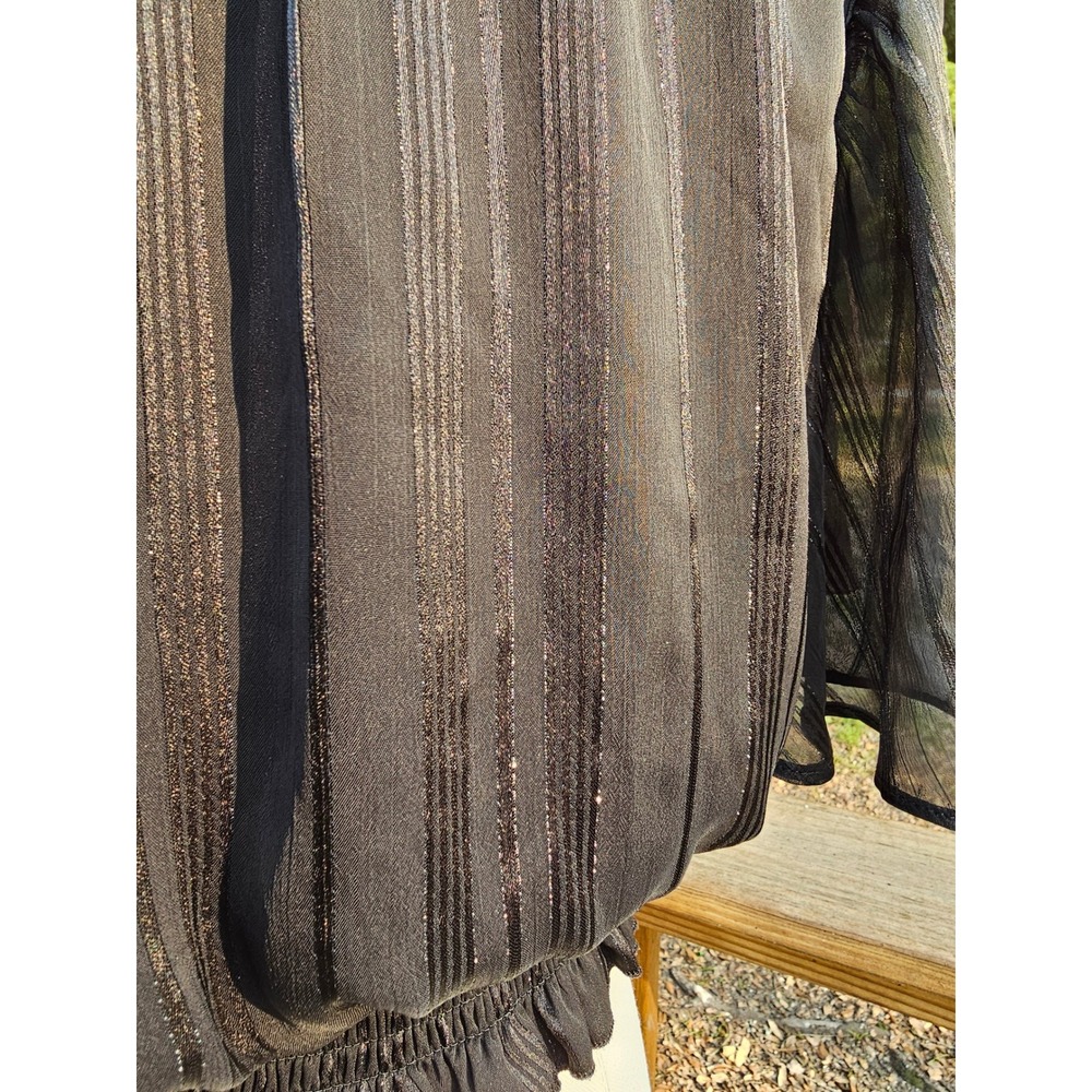 Shinestar Black Shimmer Striped Smocked High Neck Blouse Large Flutter Sleeve - Picture 6 of 8